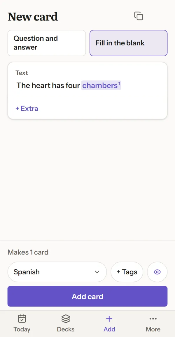 A Fill in the blank card being written, with the word chambers marked as a blank.