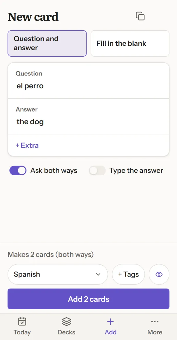 Synapsio's New card screen on a phone. The question is el perro, the answer is the dog, Ask both ways is on, and the button says Add 2 cards.