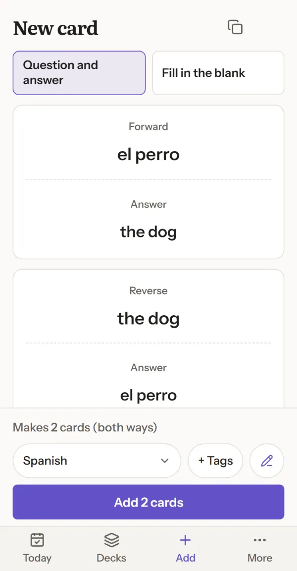 The preview of a question and answer card, asked in both directions.